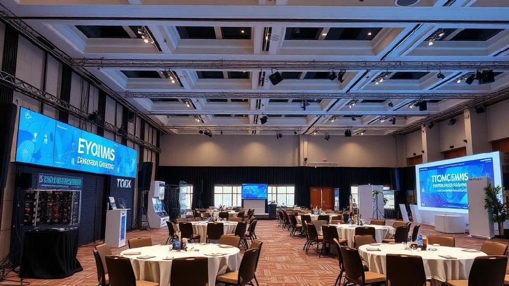 Evento corporativo en un pabellón con iluminación escénica